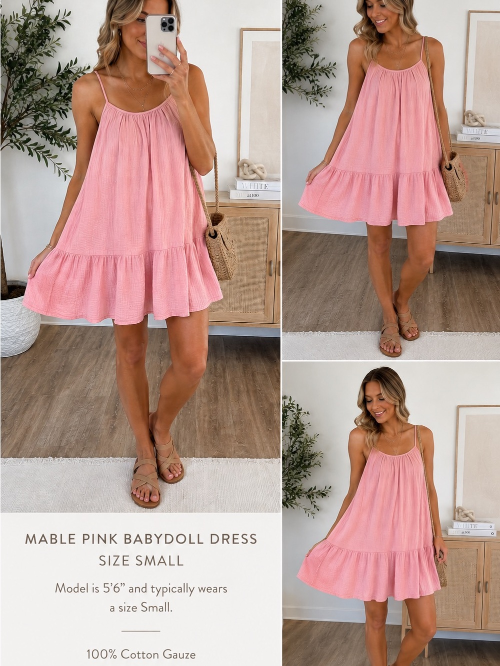 Mable Pink Gauze Babydoll Dress | Size Small | Cotton Boho Swing Dress (v1)